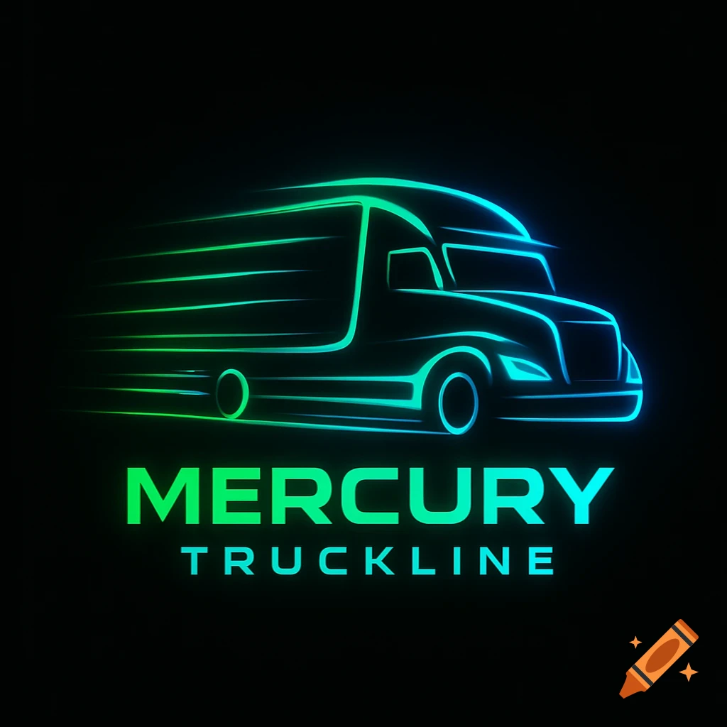 A neon-style logo featuring a blue and green outlined semi-truck with speed lines above the words "MERCURY TRUCKLINE".