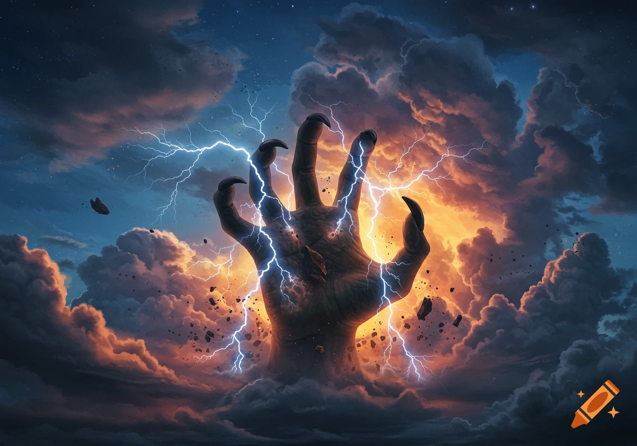 A giant, clawed hand with lightning emerges from dark, stormy clouds with an orange glow and stars in the sky.