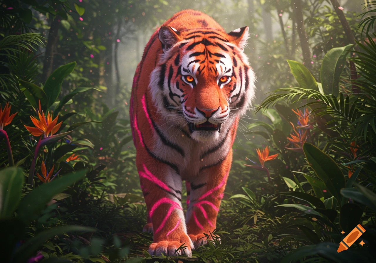 A vibrant tiger with glowing orange eyes and bright pink stripes on its legs walks through a lush, misty jungle with orange bird-of-paradise flowers.