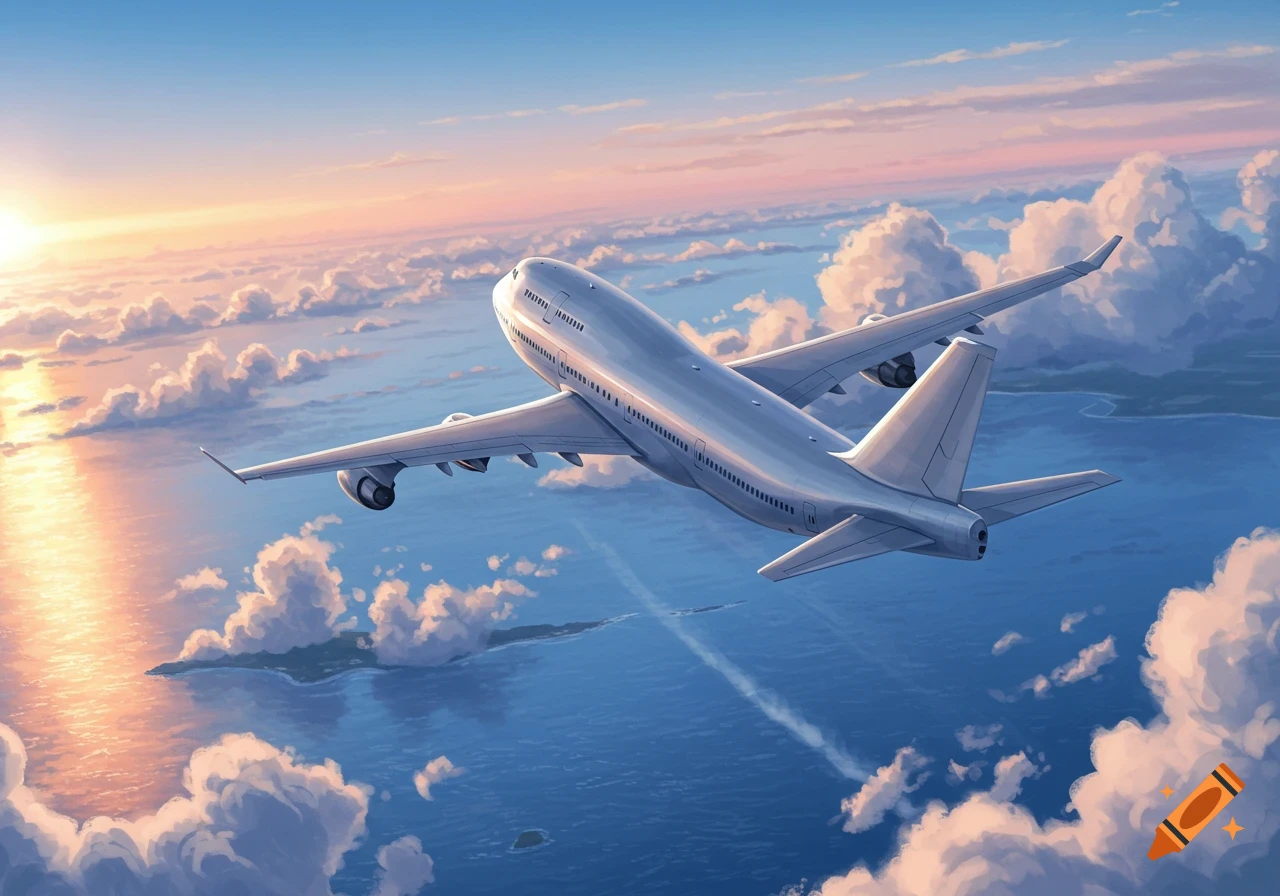 A large airplane flies above clouds over the ocean, with the sun setting on the horizon creating a golden glow on the water.
