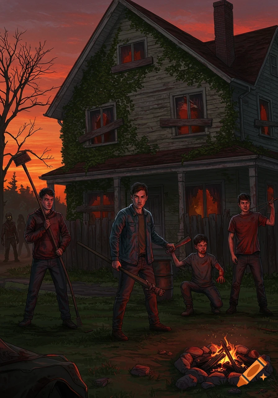 Four young men with makeshift weapons defend a dilapidated house from zombies at dusk, with a campfire in an illustrated style.