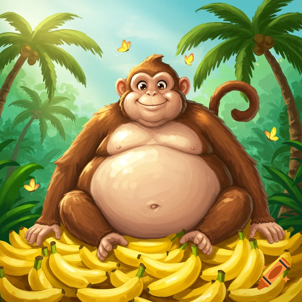 A very fat, smiling cartoon monkey sits on a large pile of bananas in a lush jungle setting.