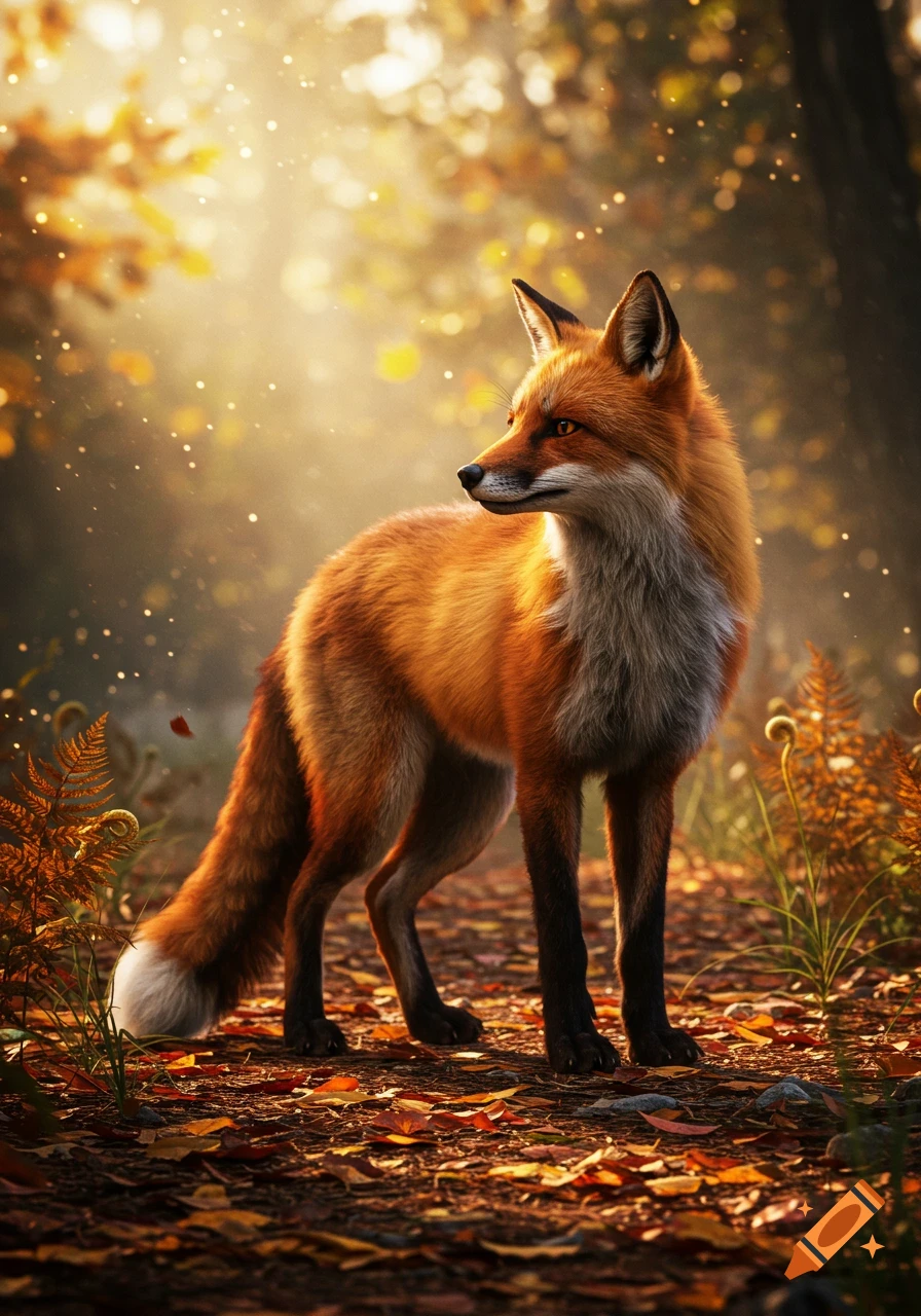 A red fox stands on a path covered in autumn leaves in a sunlit forest, looking to the side.