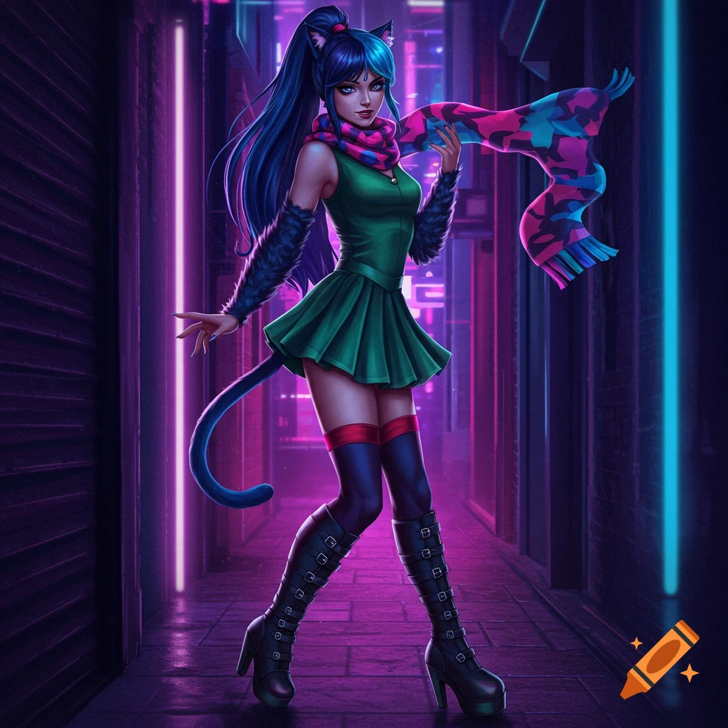A vibrant digital illustration of a cat-girl with blue hair, green dress, and colorful scarf, standing in a neon-lit alleyway.