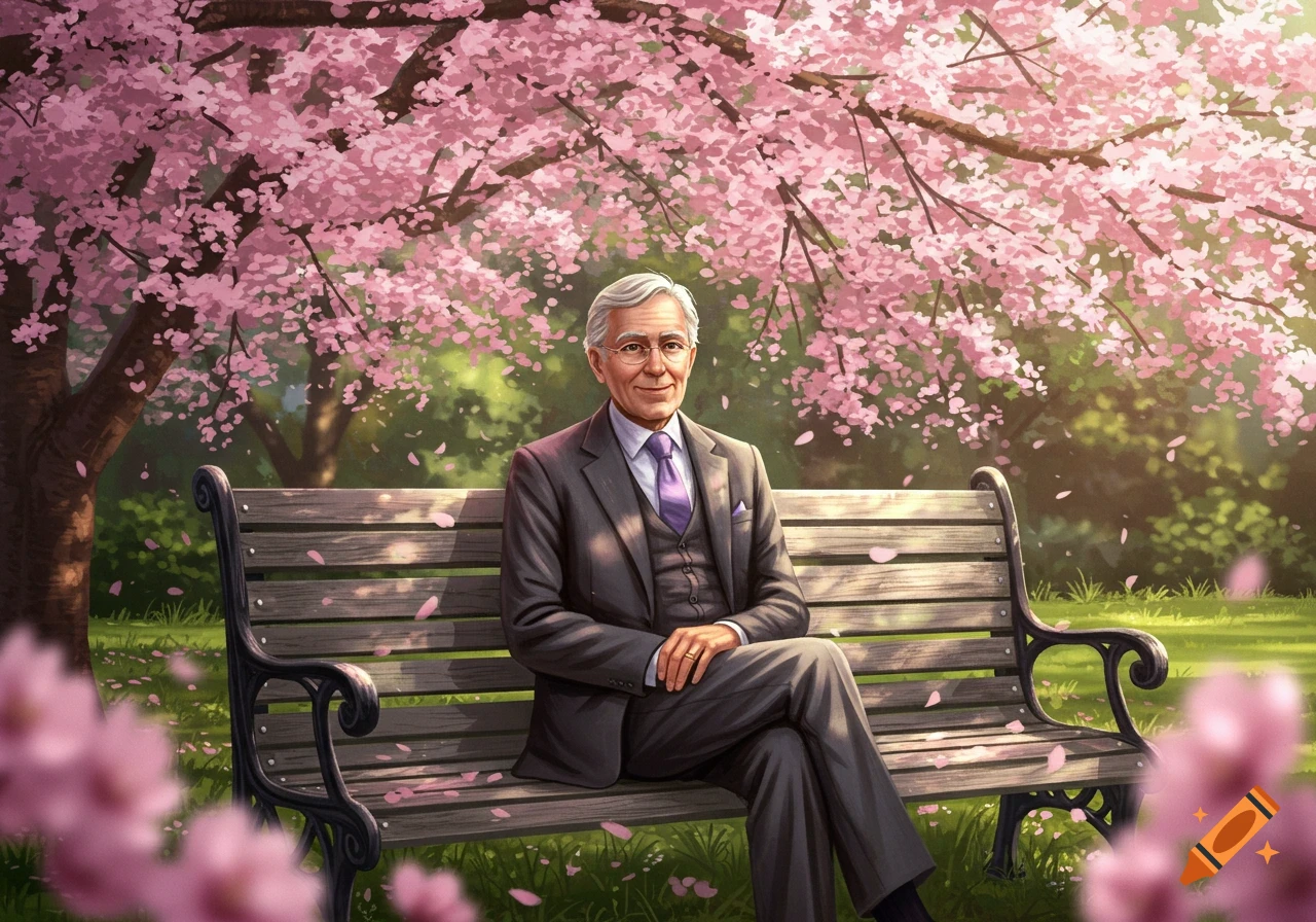 An older man in a suit sits smiling on a park bench under a blooming cherry blossom tree. Digital art style.