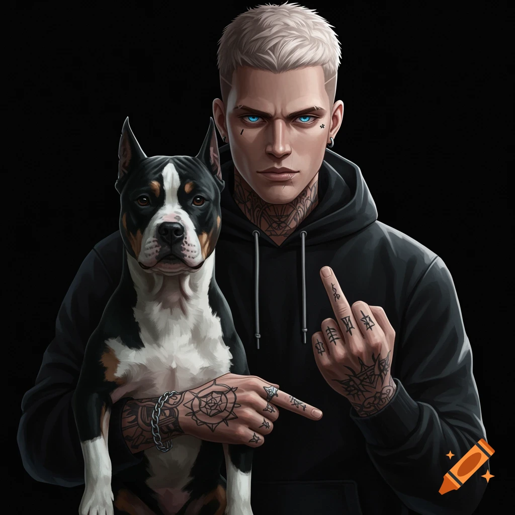 Anime-style portrait of a stern man with white hair, blue eyes, and tattoos, holding a black and white dog, while flipping the middle finger.
