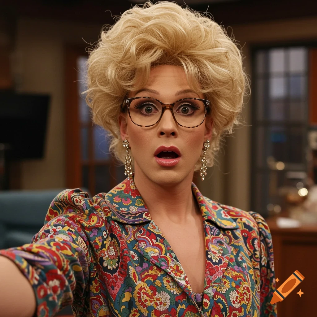 A person with big blonde curly hair, large eyeglasses, and a colorful paisley patterned blouse looks surprised with wide eyes and an open mouth.