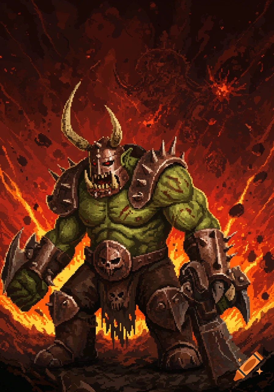 Pixel art of a Warhammer 40k Ork god, a green-skinned warrior in spiky armor, against a fiery background.