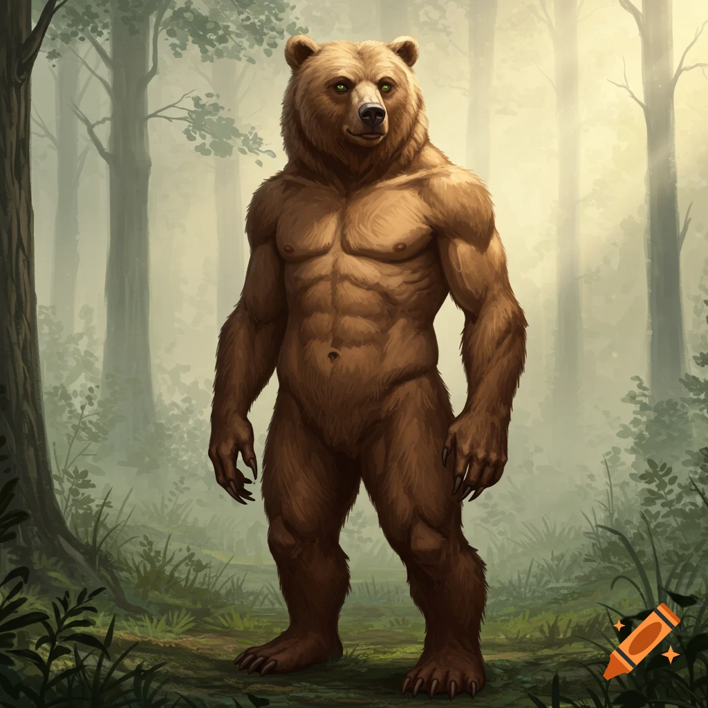 A muscular, anthropomorphic brown bear stands in a misty forest.