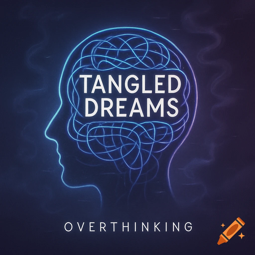A glowing blue outline of a human head in profile with tangled neon lines inside and text 'TANGLED DREAMS' and 'OVERTHINKING'.
