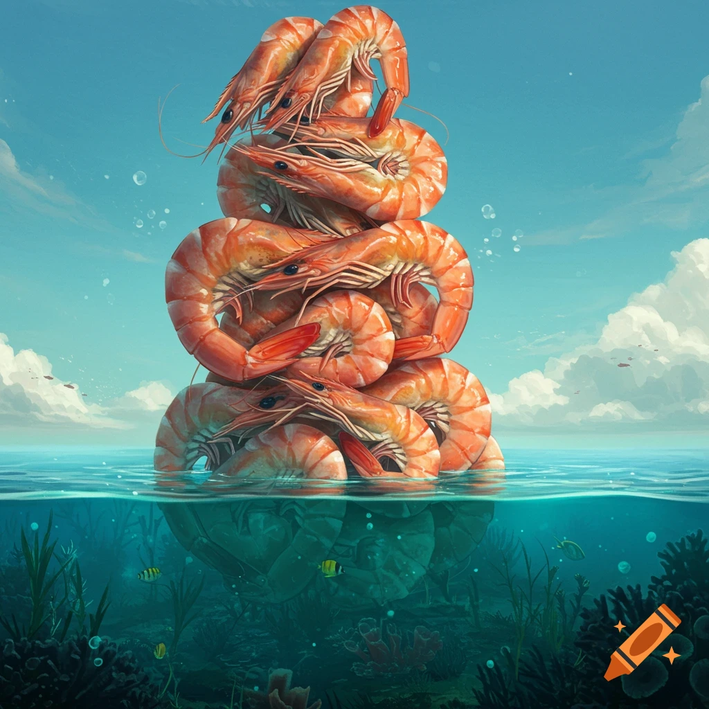 A tower of cooked pink shrimp rising from clear blue ocean water, with coral and fish visible underwater, under a bright sky.