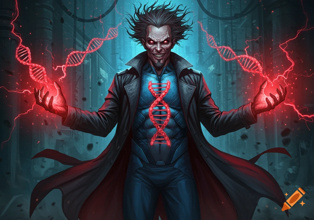A menacing supervillain with wild hair and glowing red eyes, wearing a trench coat and blue armored suit with a red DNA helix, emanating glowing red DNA strands from his hands.
