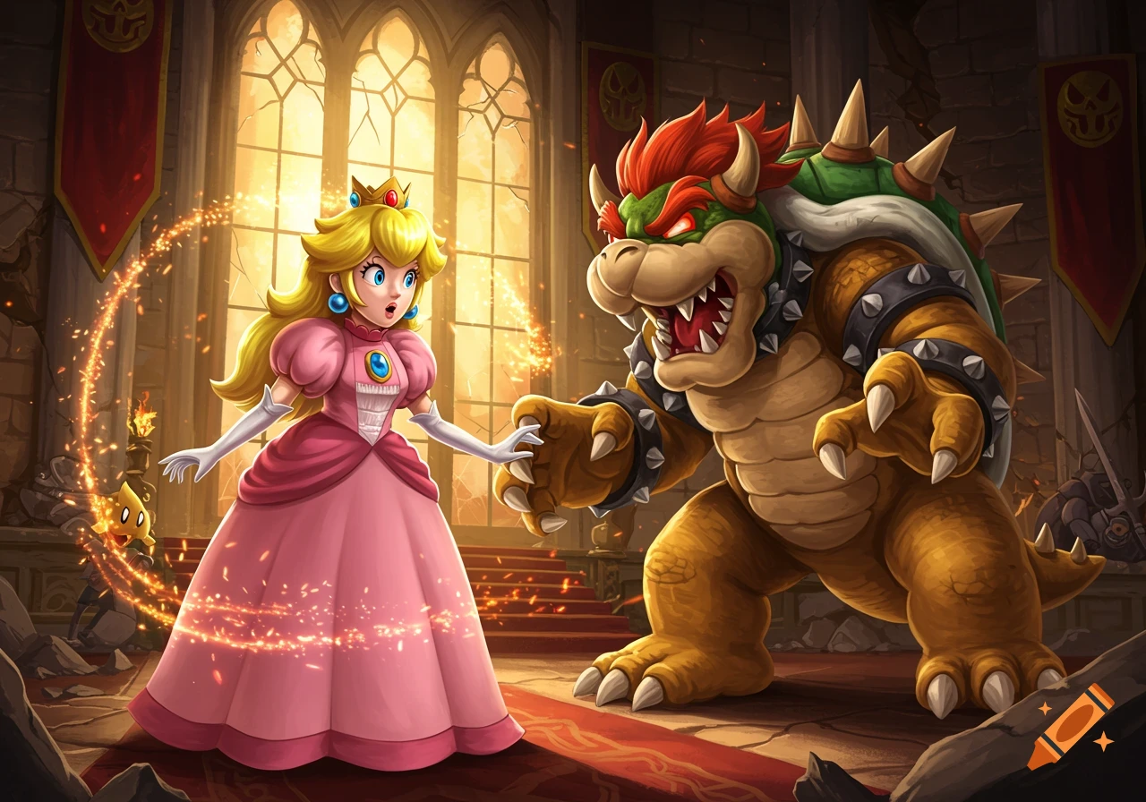 Princess Peach, surprised, faces a menacing Bowser in a detailed, stylized castle scene with glowing light.