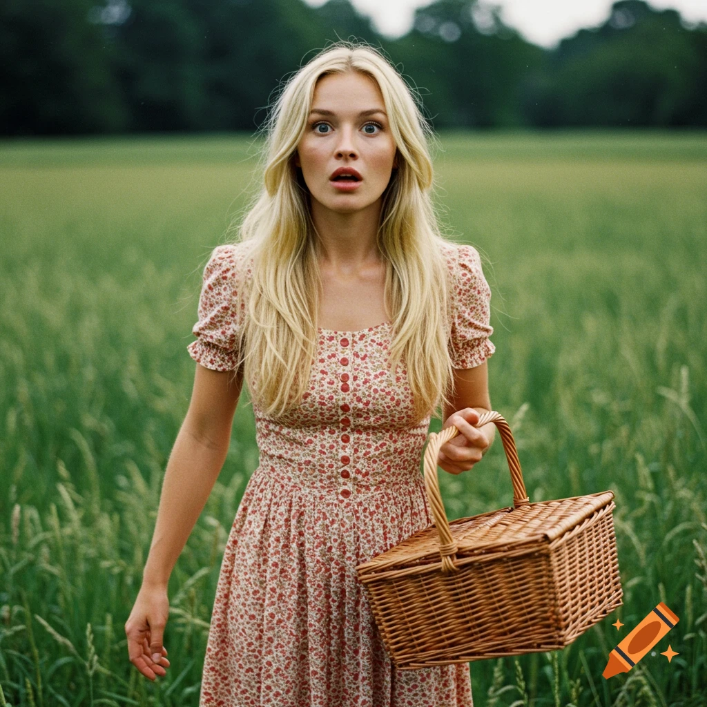 A surprised blonde woman in a floral dress holding a picnic basket in a green field, photorealistic.