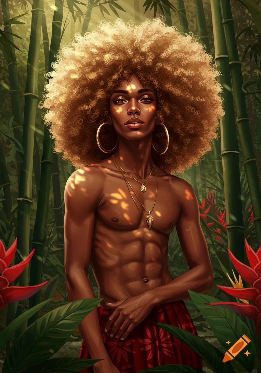 A person with a large blonde afro and dark skin stands in a sunlit bamboo forest, wearing a red patterned skirt and gold jewelry. Illustrated style.