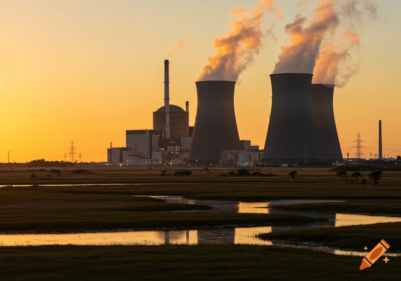 Photorealistic image of a nuclear power plant with multiple cooling towers emitting steam at sunset, reflected in water.