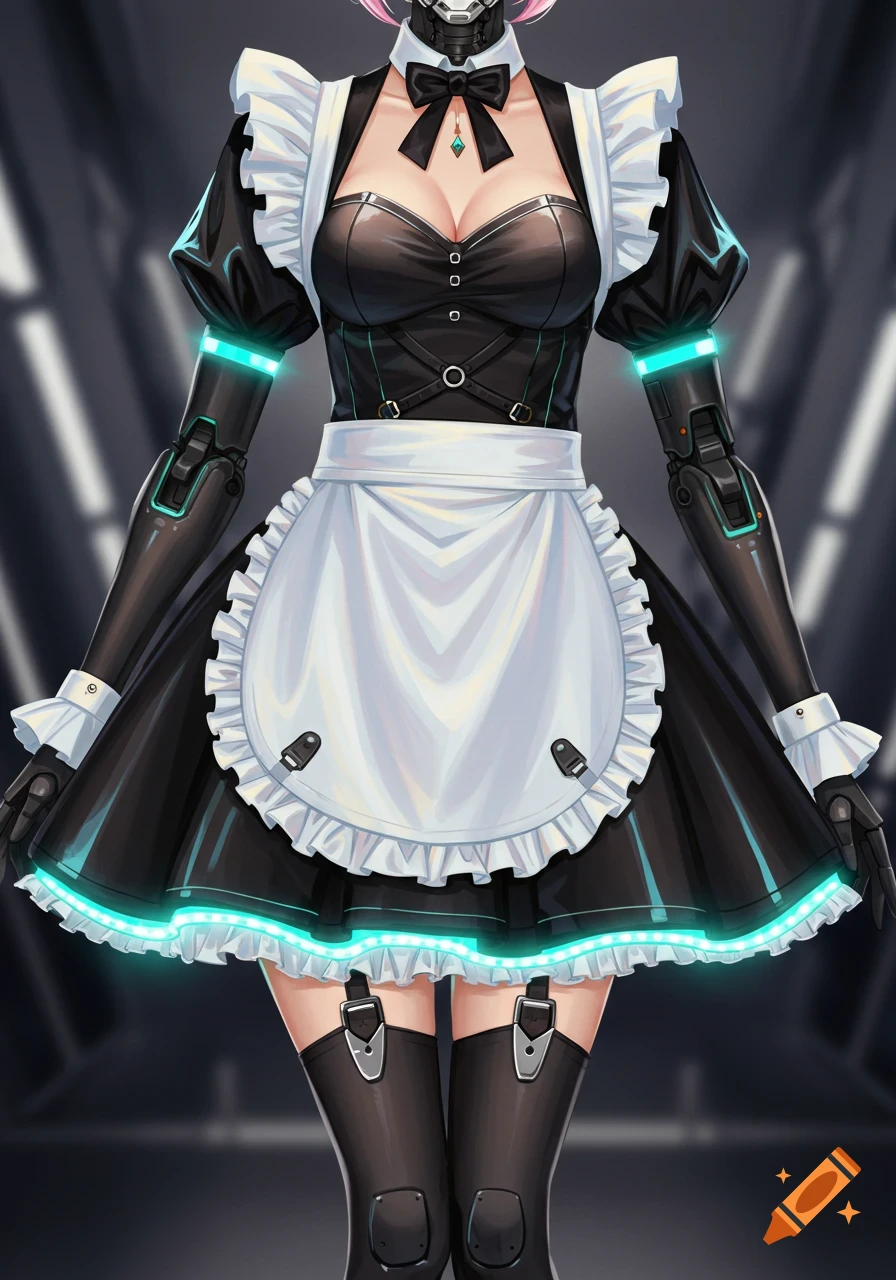 Stylized anime full-body shot of a futuristic maid android in a black and white uniform with glowing blue cybernetic accents.