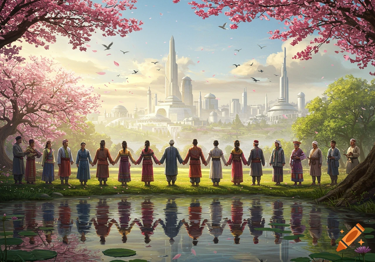 A diverse group of people in traditional attire holding hands by a pond under cherry blossom trees, with a futuristic city skyline in the background.