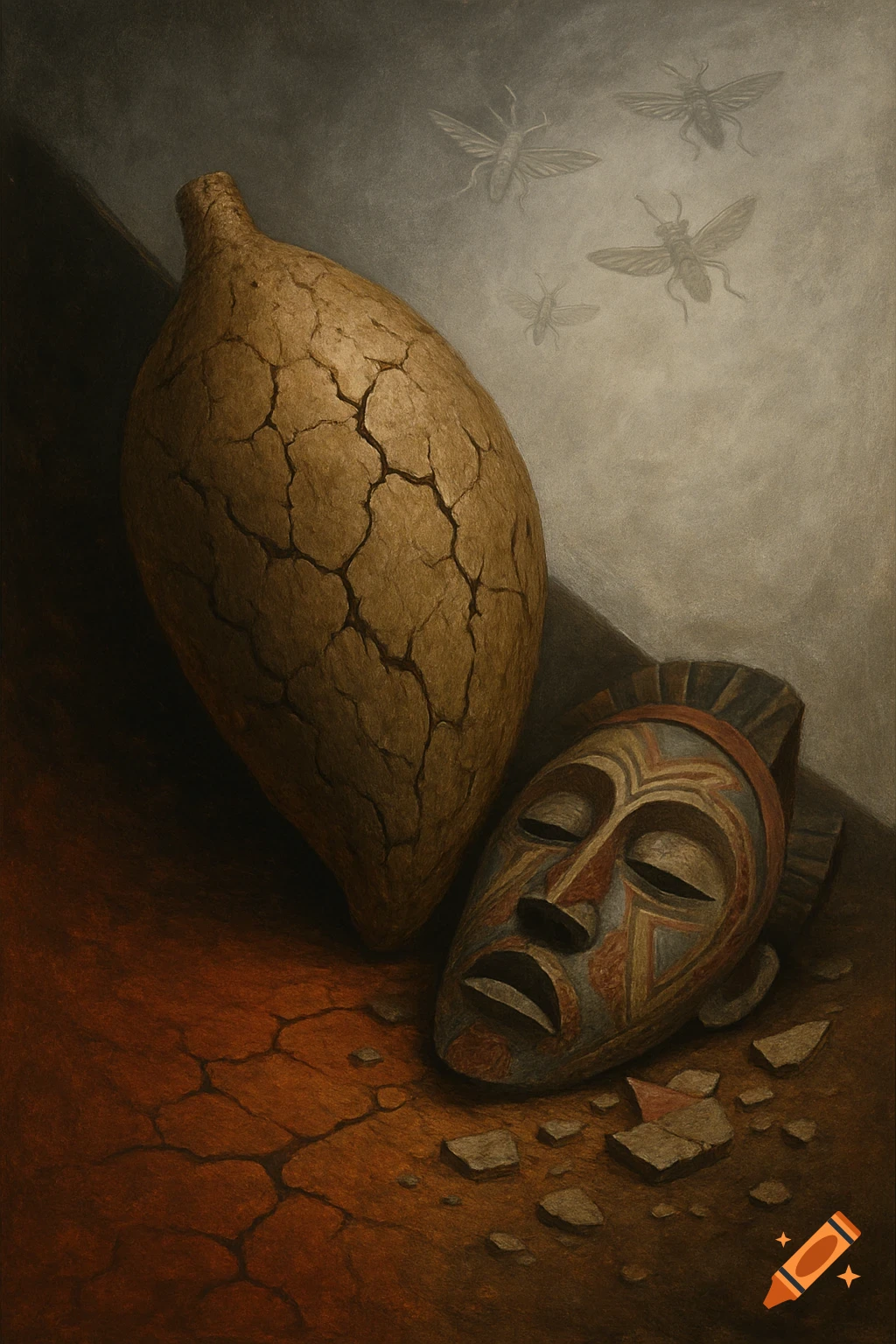 A still life painting of a large cracked yam and a shattered African egwugwu mask on cracked earth, with faint locusts above.