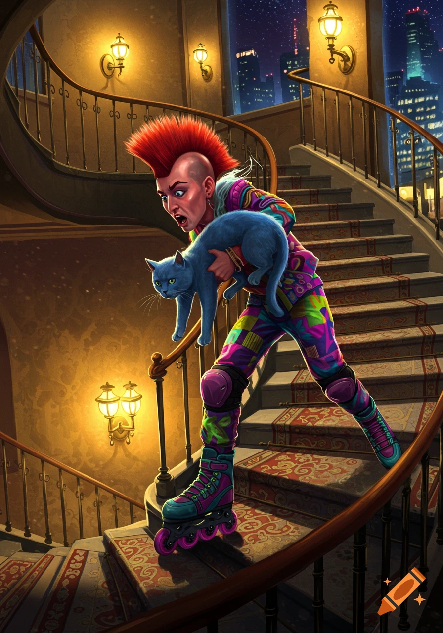 A punk person with a red mohawk and roller skates carries a blue cat up a grand staircase at night, city lights visible outside.