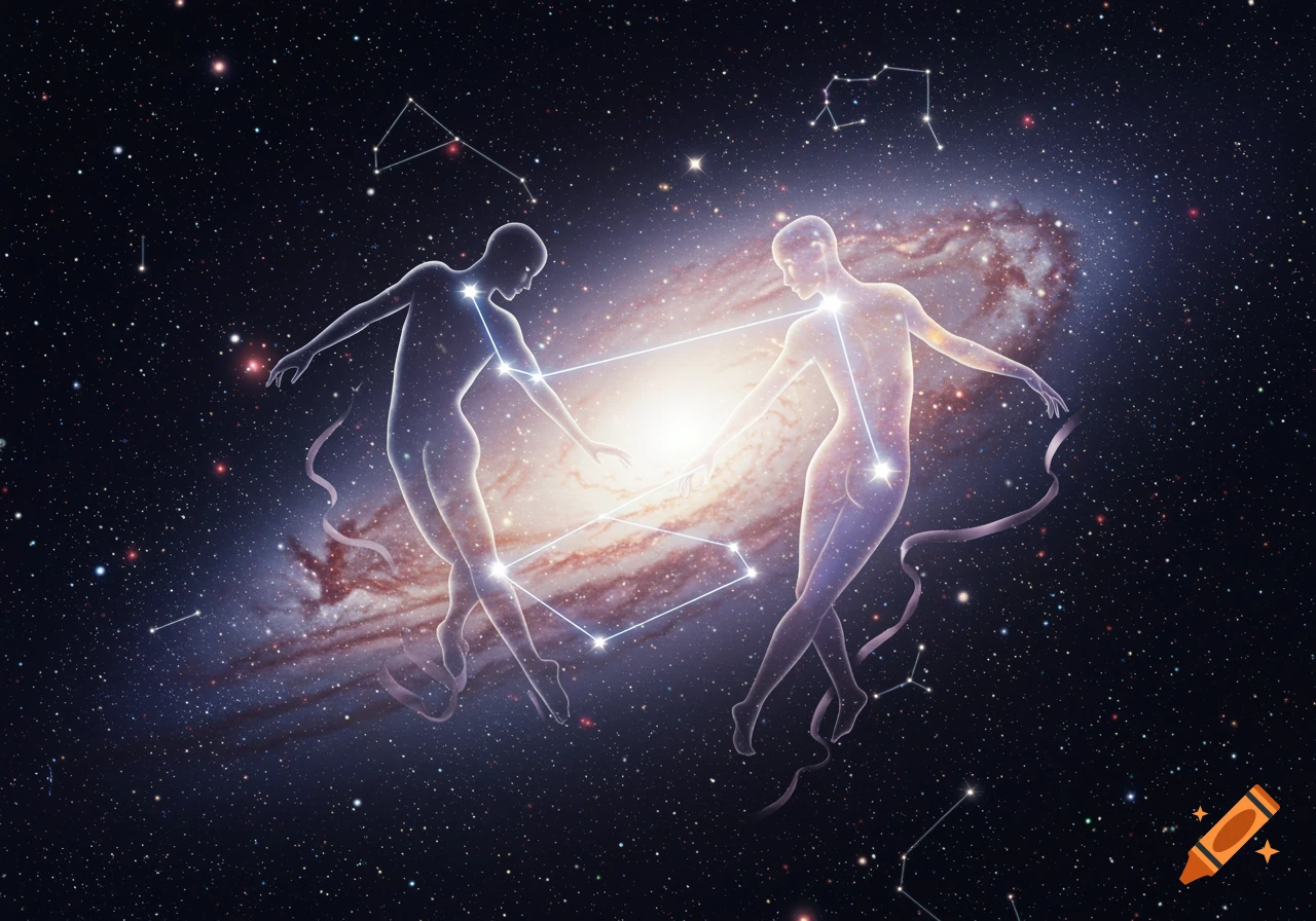 Two ethereal, translucent human-like figures connected by glowing constellation lines float in a vibrant cosmic galaxy filled with stars.