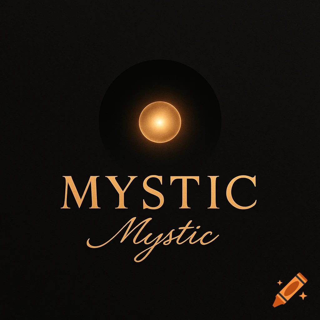 A minimalist logo on a black background featuring a glowing gold orb above the word "MYSTIC" in serif font and "Mystic" in script font.