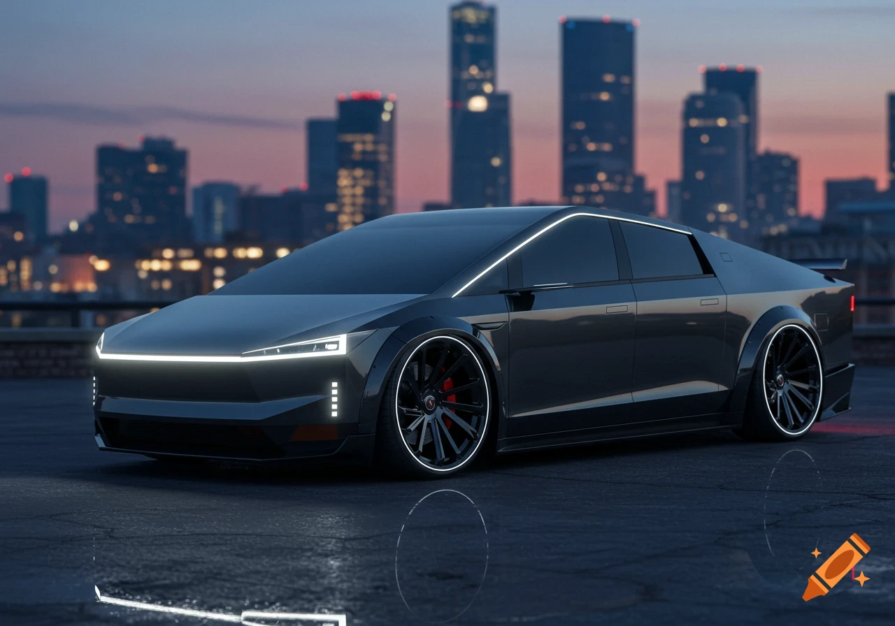 Sleek black futuristic concept car with illuminated accents parked on a wet urban street at dusk, city skyline in background.