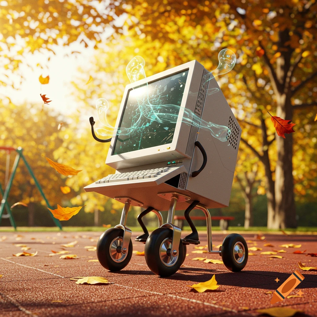 A whimsical old computer monitor with a keyboard, standing on four wheels like training wheels, in an autumn park with falling leaves.