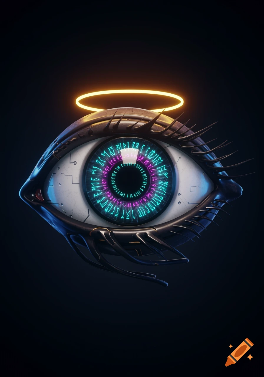 A stylized futuristic cybernetic eye with glowing neon glyphs in its iris, an inner circuitry pattern, and a golden halo above, against a dark background.