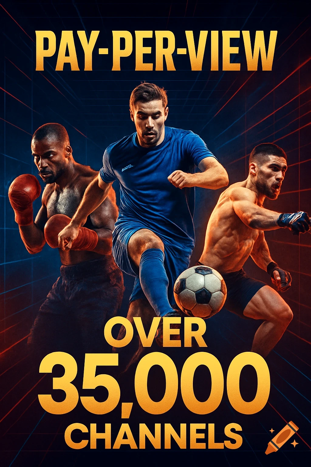 A vibrant poster features a boxer, a soccer player with a ball, and a mixed martial artist. Text reads "PAY-PER-VIEW" and "OVER 35,000 CHANNELS" against a dark, grid-patterned background.