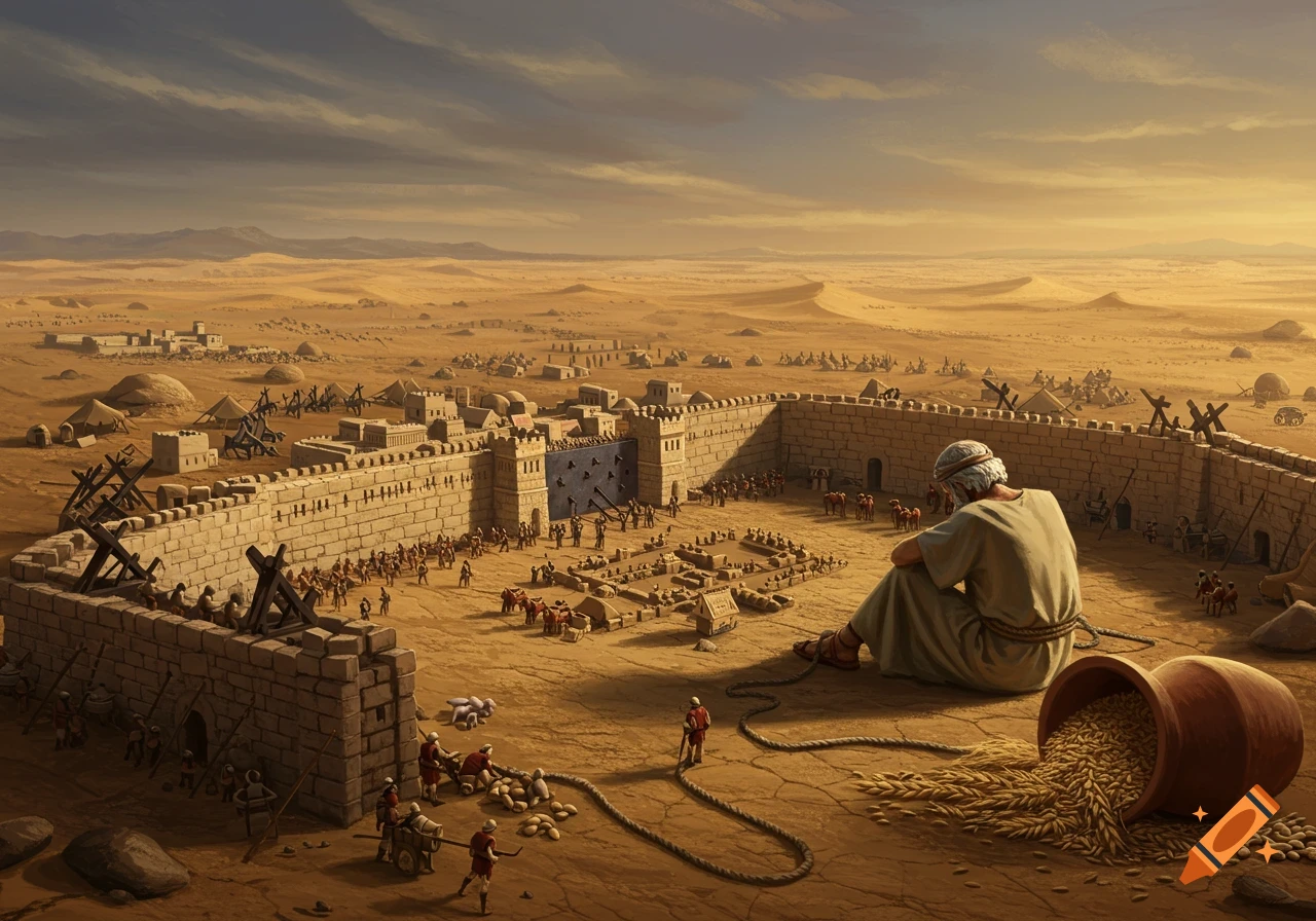 A man sits on the ground with a spilled pot of grain next to him, looking towards a walled ancient city under siege in a vast desert landscape under a dramatic sky.
