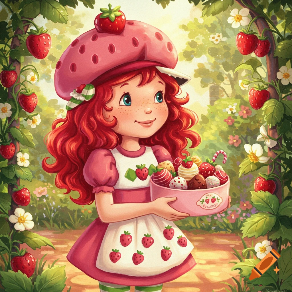 A cartoon-style image of Strawberry Shortcake holding a pink box of dipped berries, surrounded by green foliage and strawberry vines.