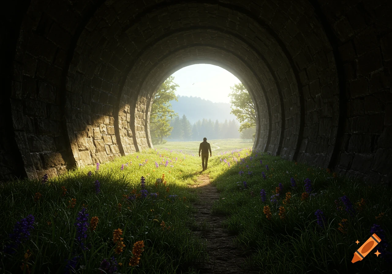 A person walks out of a dark stone tunnel into a bright, sunlit meadow with green grass and colorful wildflowers.