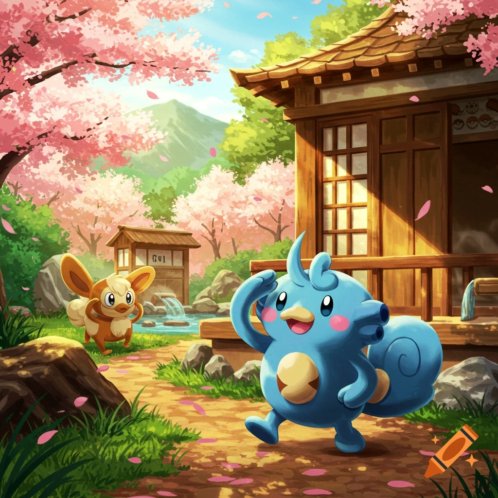 A cheerful blue Pokemon-like creature walks past a traditional Japanese bathhouse with blooming cherry trees, as a small brown creature stands by a stream.