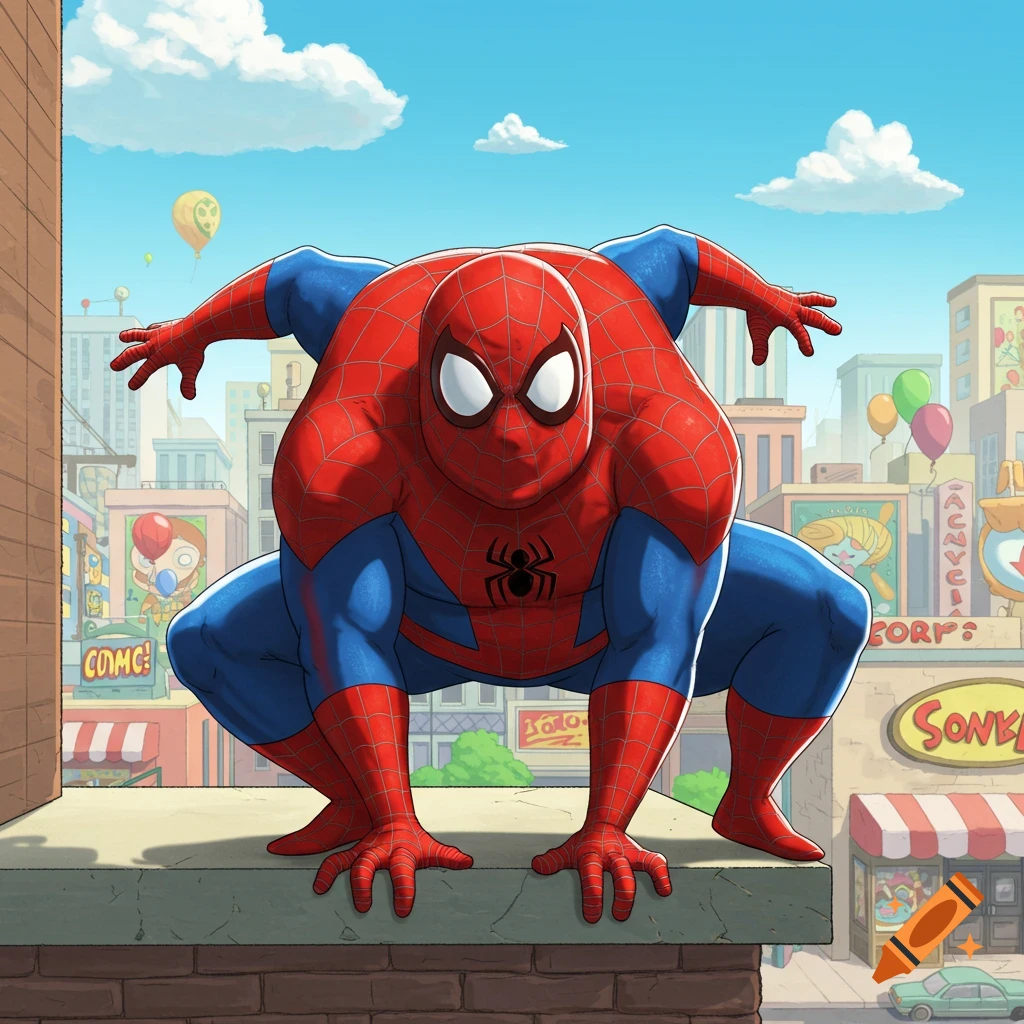 A cartoon, overweight Spider-Man crouches on a city rooftop with buildings in the background.