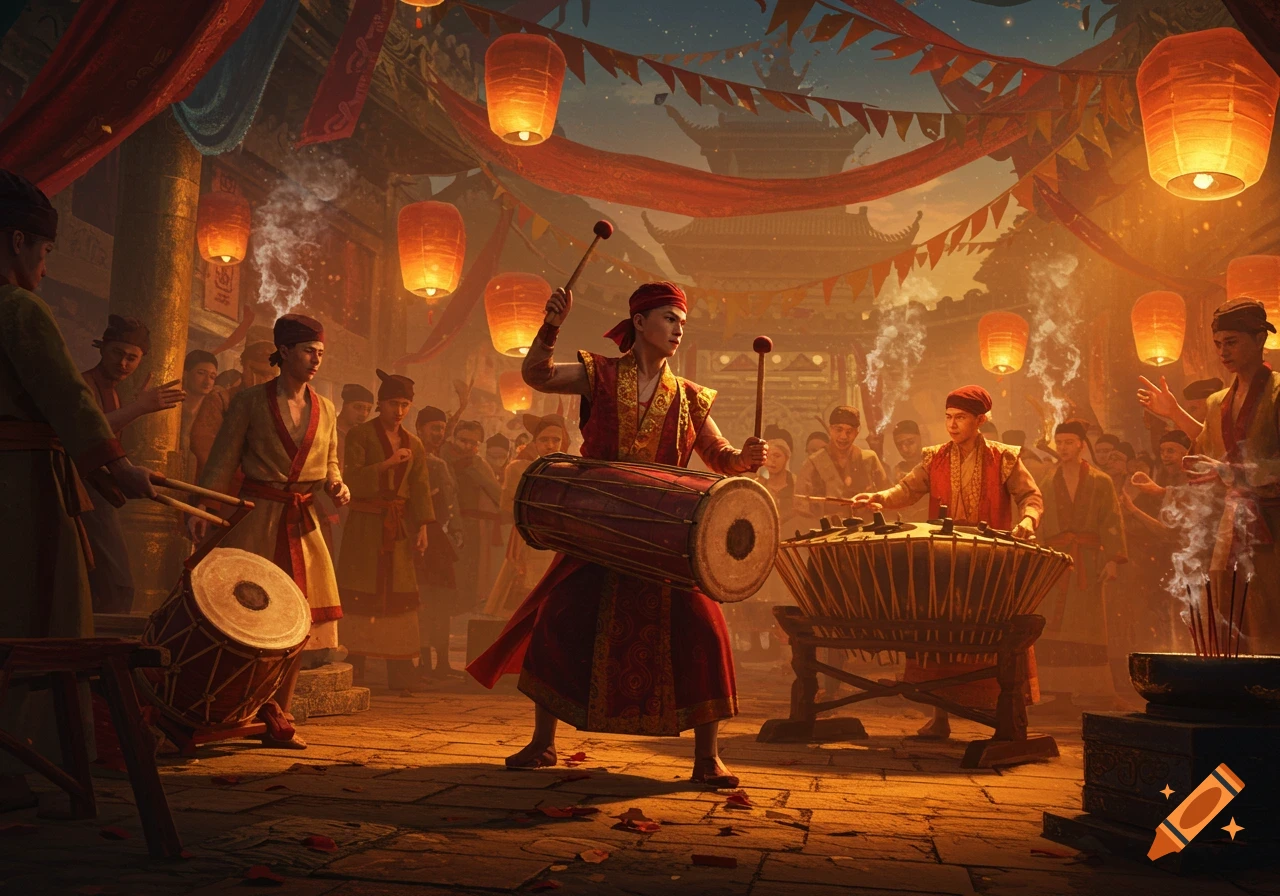 People in traditional attire play drums and percussion instruments under glowing lanterns at a vibrant night festival.