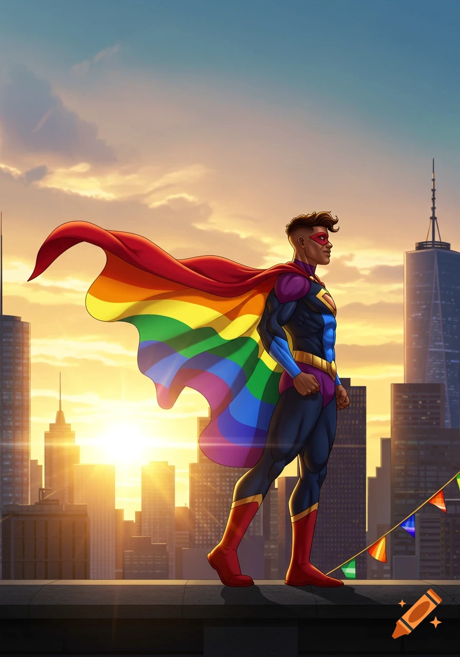 A superhero with a rainbow cape stands on a building rooftop overlooking a city skyline at sunset.