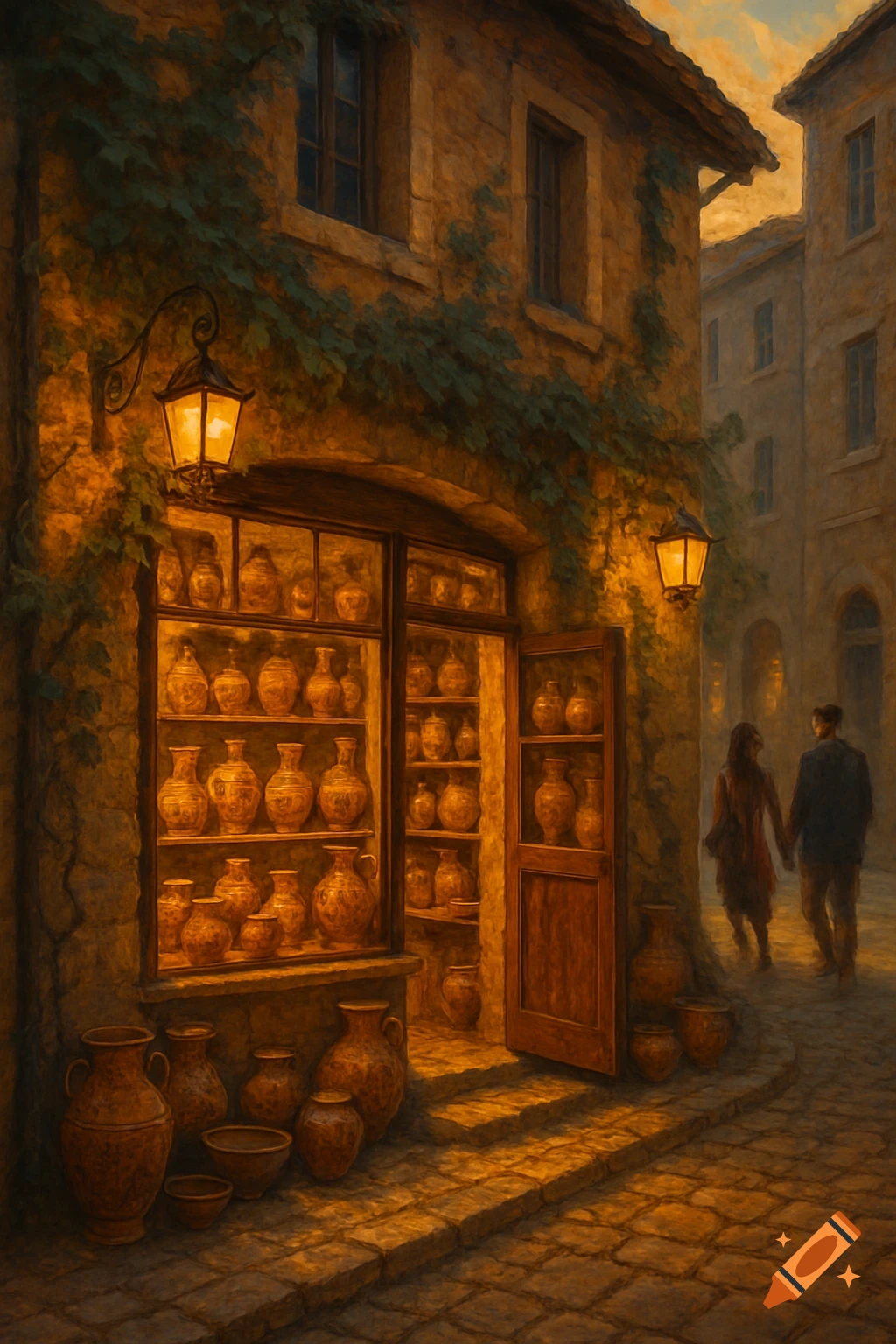 A painting of an old-world pottery shop at night, lit by warm lanterns, with two figures walking away down a cobblestone street.