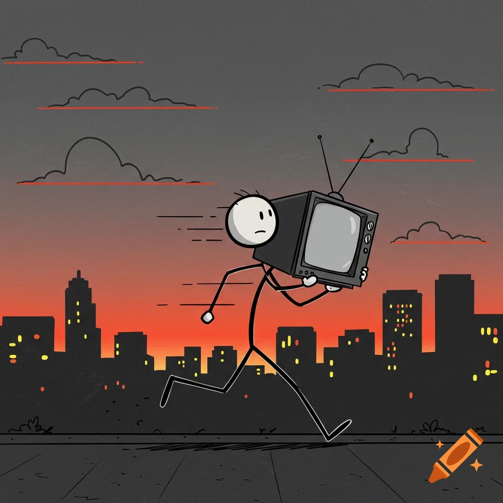 A cartoon stick figure runs across a rooftop carrying an old television with a city skyline at sunset in the background.