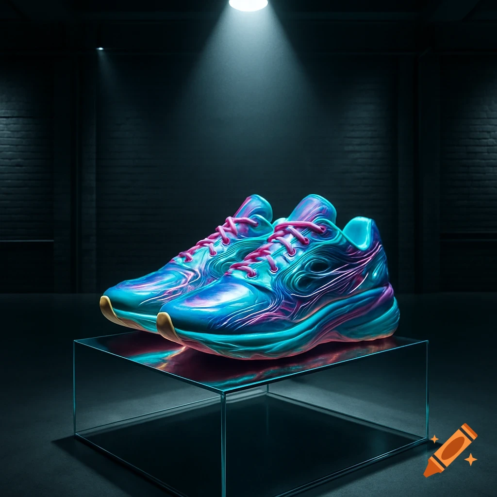 A pair of glowing blue, purple, and pink neon sneakers sit on a glass display under a spotlight in a dark room.