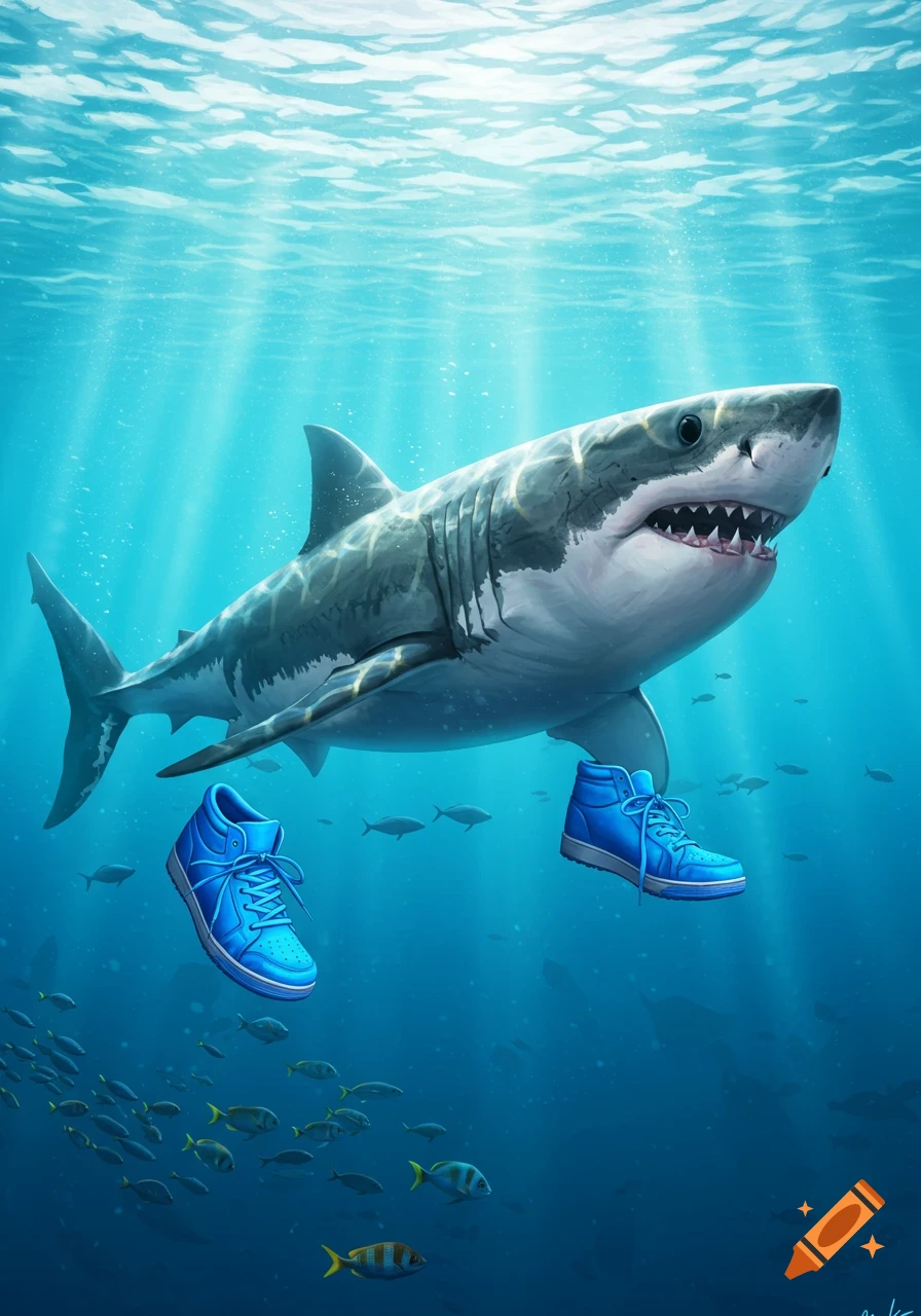 A great white shark wearing bright blue high-top sneakers swims through clear blue ocean water, with sunlight filtering from above.