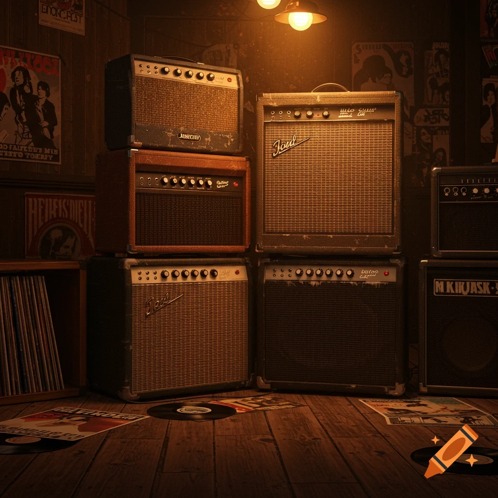 A dark, warm-lit room with multiple stacked vintage guitar amplifiers, vinyl records on a shelf, and posters on the wall, creating a retro musical scene.