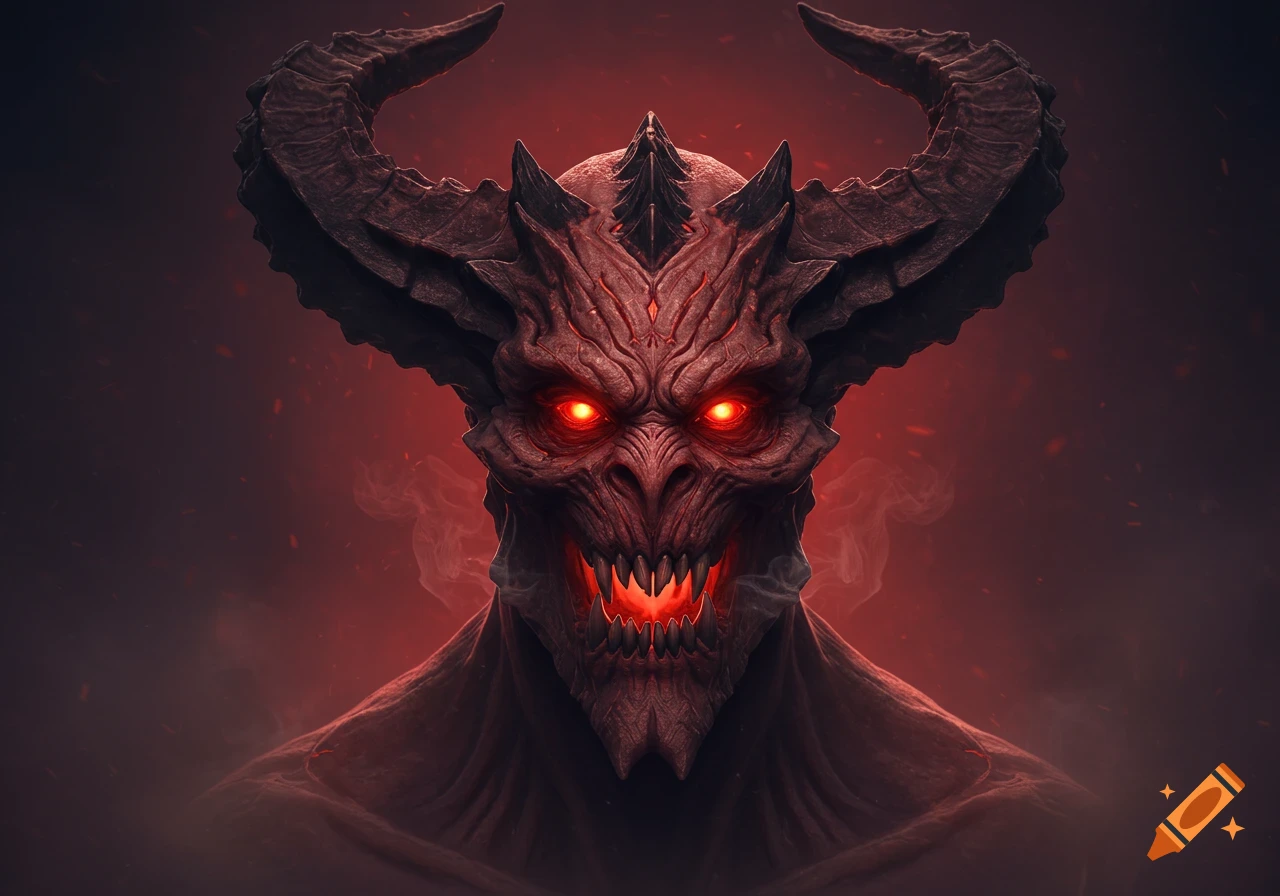 A close-up of a demonic creature with large dark horns, glowing red eyes, sharp fangs, and red, textured skin against a smoky red background.
