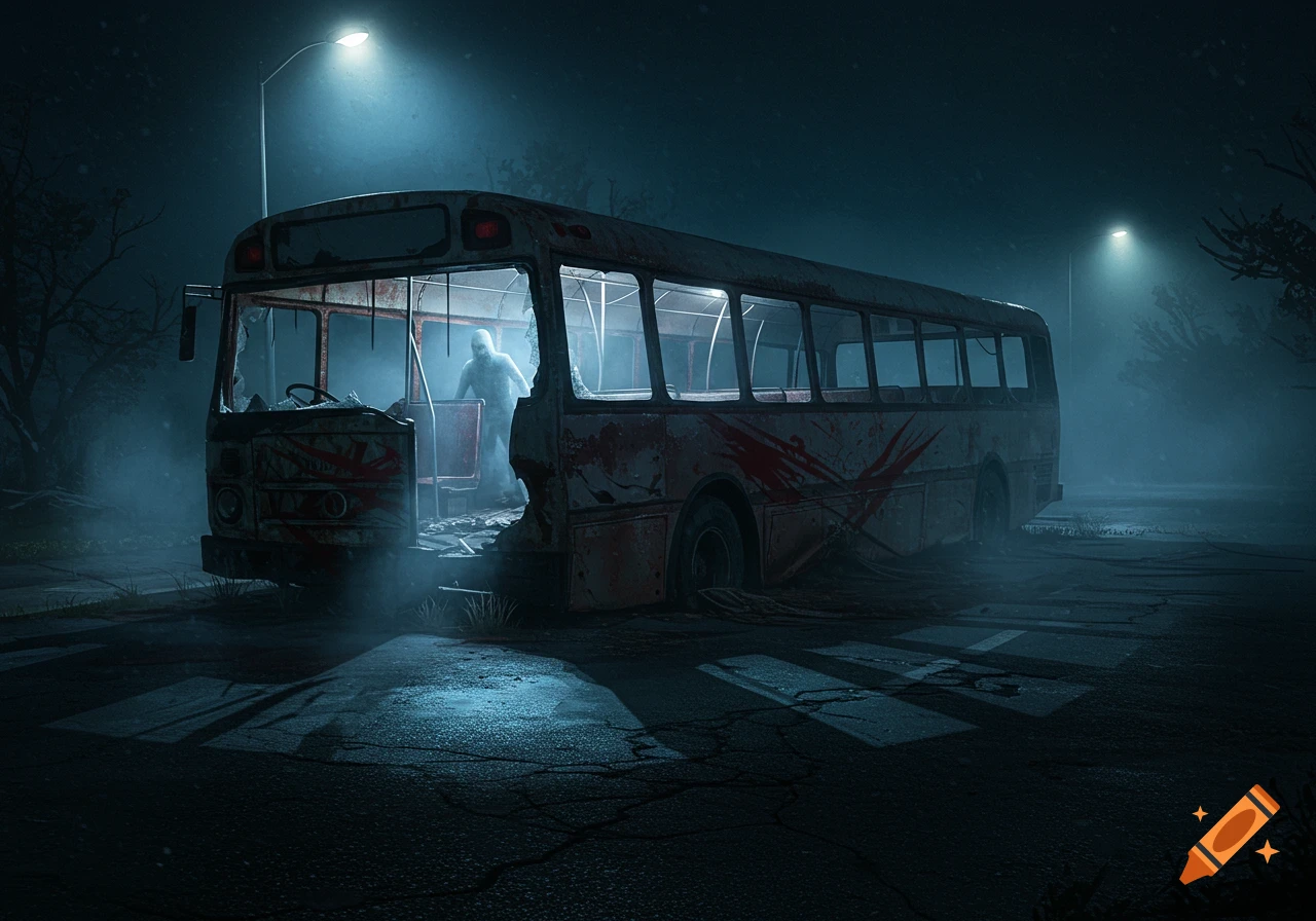An old, derelict bus with a ghostly figure inside, illuminated by streetlights on a dark, foggy night.