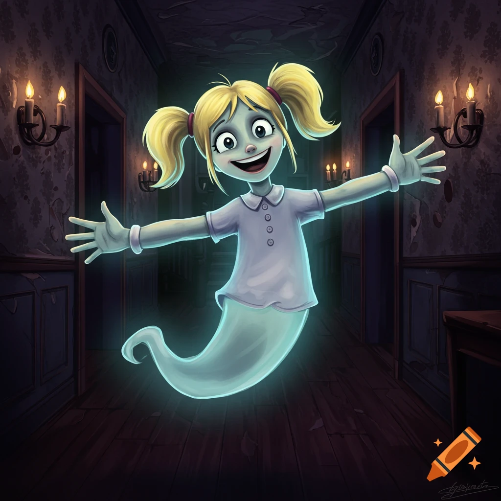 A cartoon ghost girl with blonde pigtails and a white nightgown floats in a dark, haunted hallway with arms outstretched.