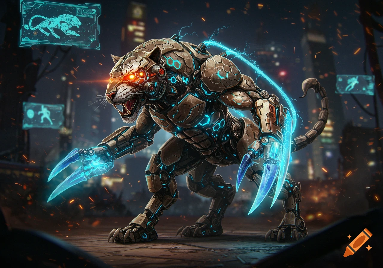 A fierce biomechanical tiger-scorpion hybrid with glowing red eyes and blue energy claws stands in a dark cyberpunk city.