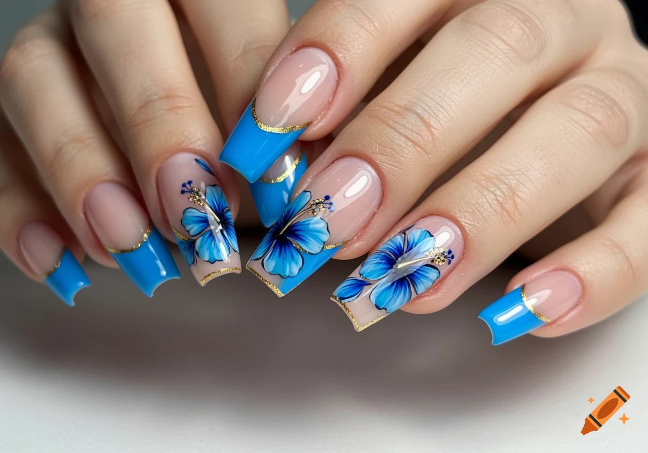 Close-up of hands with light blue french tip nails adorned with gold lines and vibrant blue hibiscus flowers.