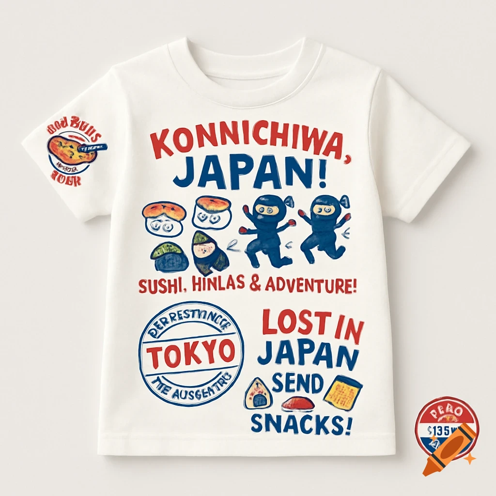 A white children's t-shirt with colorful illustrations and text. The front features cartoon sushi, two ninjas, and red and blue text reading "KONNICHIWA, JAPAN!", "SUSHI, HINLAS & ADVENTURE!", "LOST IN JAPAN SEND SNACKS!" and a circular badge with "TOKYO". A small emblem is on the bottom right.