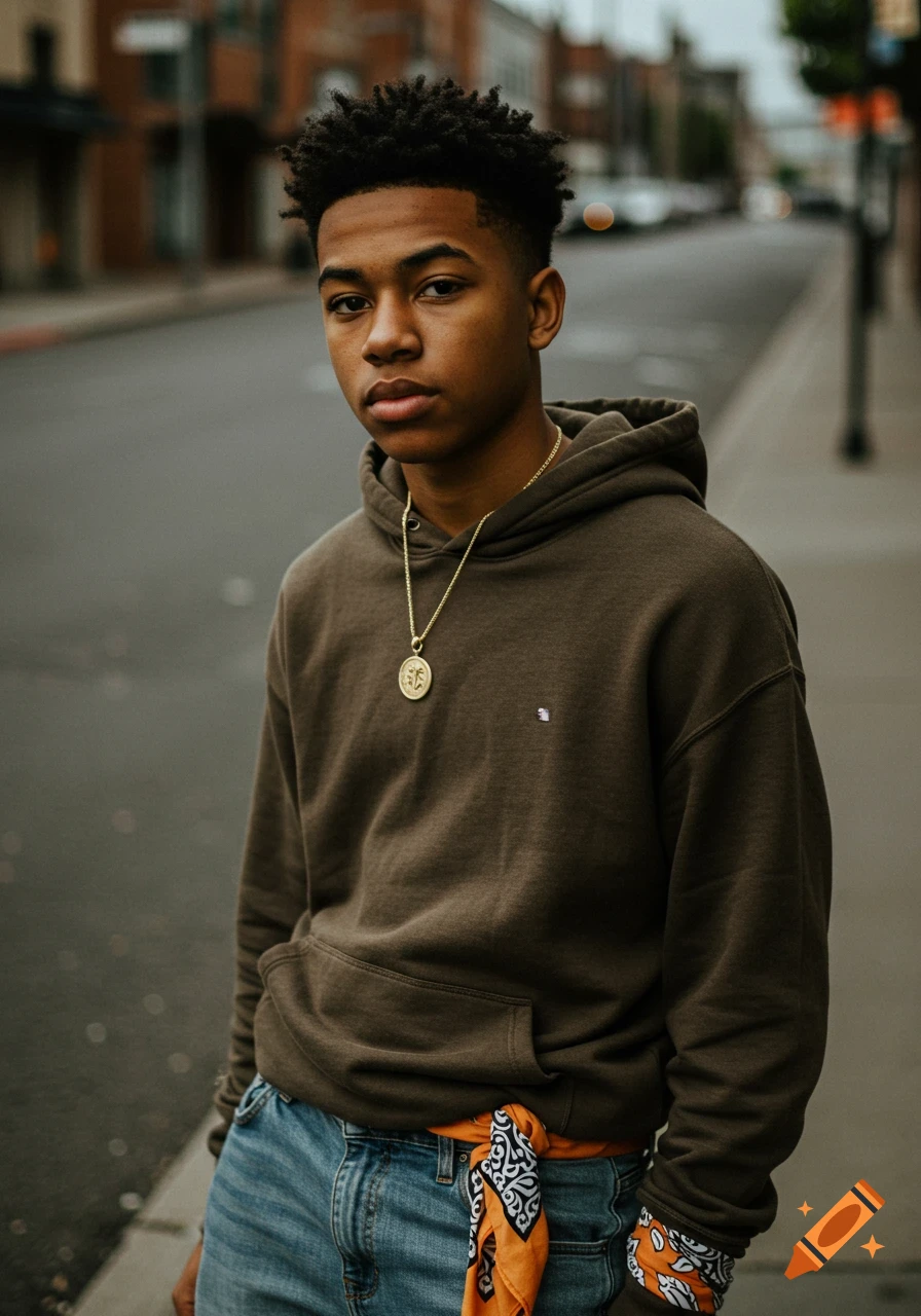 Photorealistic portrait of a young man with dark skin and textured hair, wearing a dark green hoodie, blue jeans, gold chain, and an orange bandana, standing on an urban street.