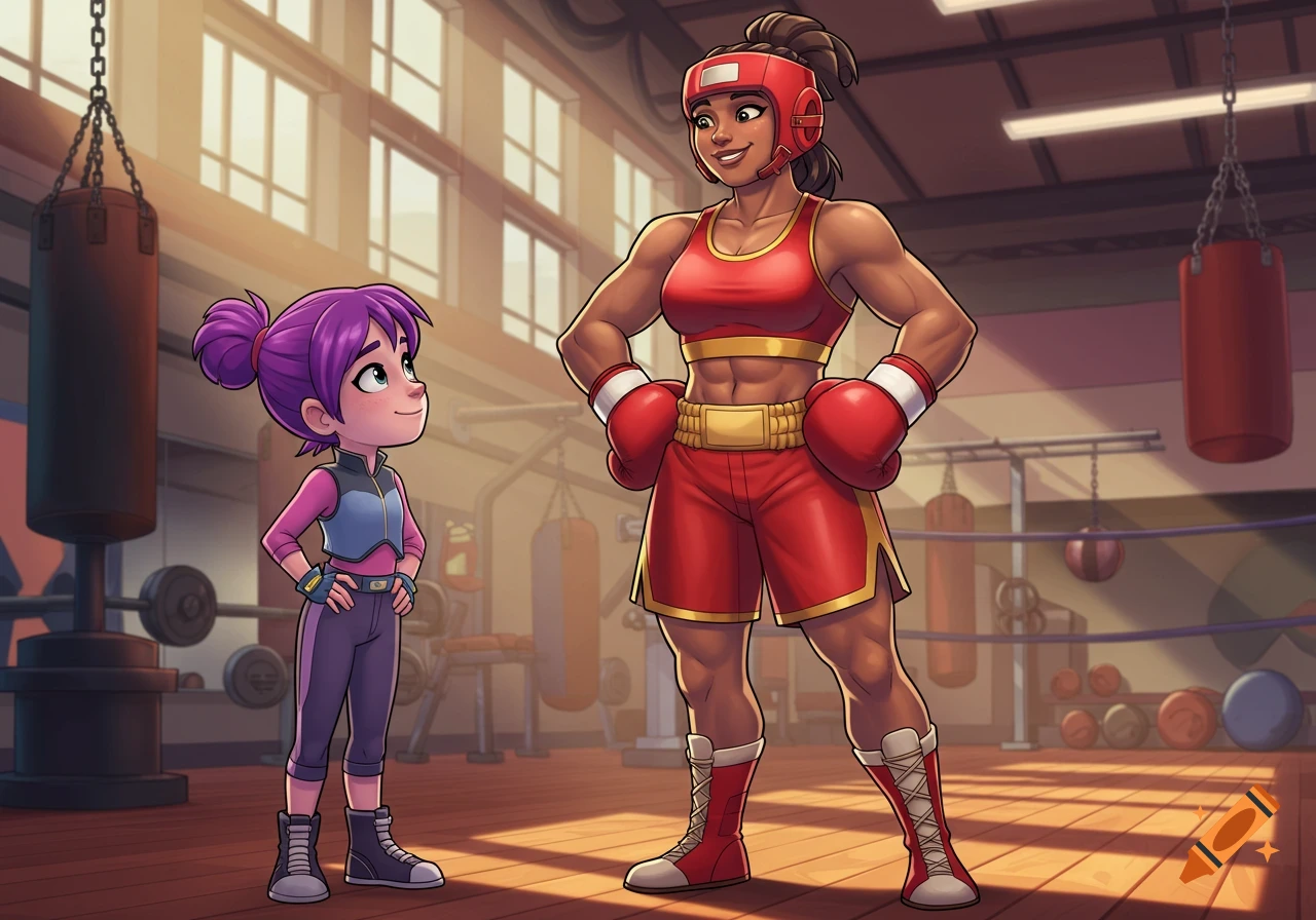 A cartoon of a young purple-haired girl and a strong female boxer in red gear standing in a boxing gym.